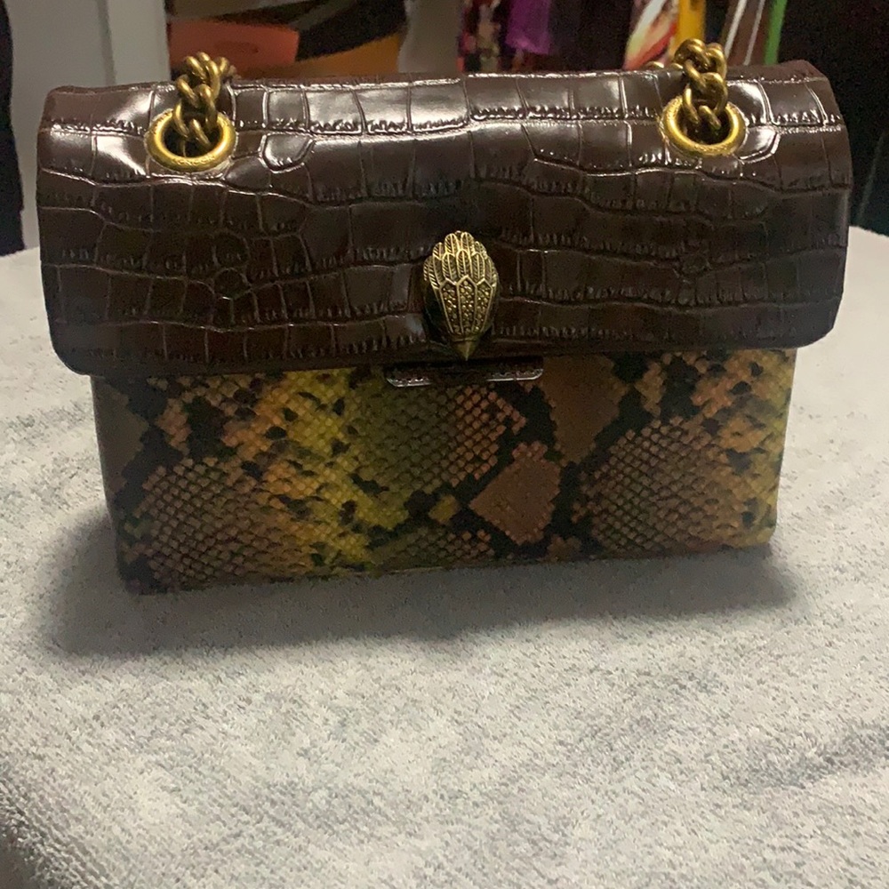 Brown multi python leather bag with yellow,and coral accents.